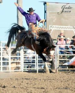 Cowboy riding a black horse in a purple shirt