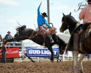 Cowboy riding a horse in a rodeo with a blue shirt